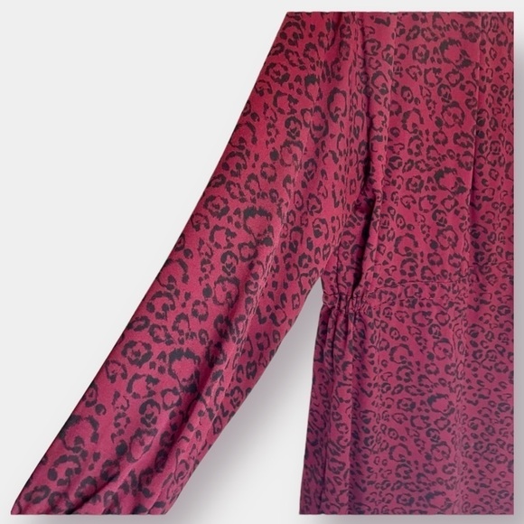 Maroon Black Leopard Print Tie Dress Long Sleeves Button Up Size XXL - Picture 4 of 8